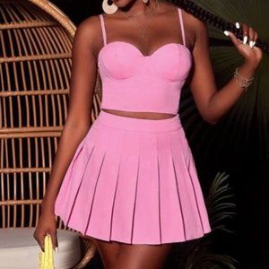 Pink Bustier Crop Cami Top & Pleated Skirt - 2 Piece Set